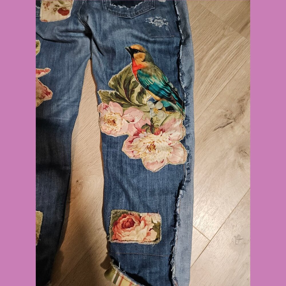 Floral Bird Upcycled art jeans 33 x 27 altered boyfriend distressed applique - Picture 8 of 13